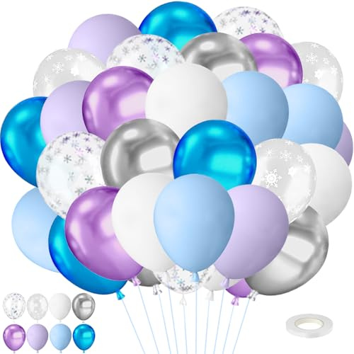 Luftballons Schneeflocke Blau Lila, 50 Stück 12 Zoll Latex Ballons, Blau Ballons Mit Konfetti Party Geburtstag Latexballons für Hochzeit Baby Shower Feier Partydekoration(Farbe-A)
