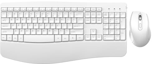 Ergonomic Keyboard and Mouse Combo, Full Size Cordless Computer Keyboard with Palm Wrist Rest Ergonomic Mouse for Windows Computers Laptops - White