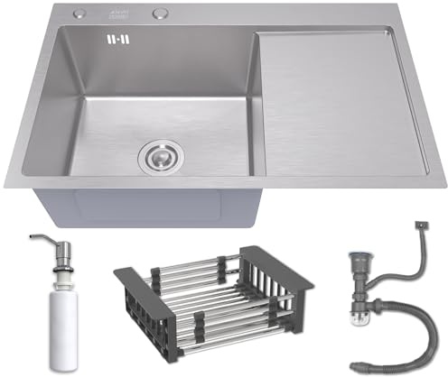 RRrawgff Fregadero de Cocina Plateado de 78 x 50 cm con escurridor, Cesta escurridora y dispensador de jabón de 350 ml, Fregadero de Acero Inoxidable 304 con 2 Orificios para Grifo y sifón