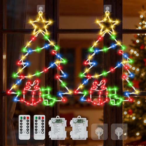 Herefun 2 Pièces Éclairage de Noël pour Fenêtre, Lumières de Silhouette de Fenêtre d'Arbre, Lumières Suspendues de Fenêtre de Noël, LED Decoration Noël Intérieur Extérieur avec Télécommande (S-2PCS)