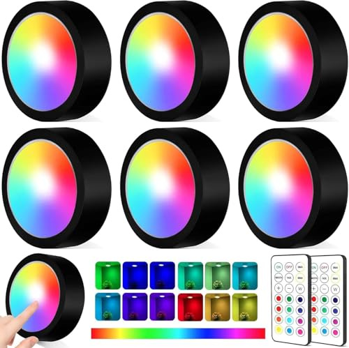 6 Stück LED RGB Spots Batteriebetrieben mit Fernbedienung,RGB LED Schrankbeleuchtung Kabellos,Kleiderschrank Regal Beleuchtung,Vitrinenbeleuchtung für SchlafzimmerKleiderschrank, Kabinett, Küche