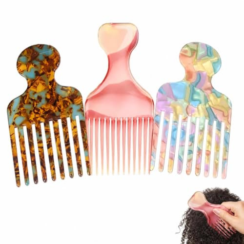 3Pcs Afro Combs Set - Wide Tooth Detangling for Curly Hair | Wide tooth comb for curly hair. Smooth detangling, reduces breakage. Includes pink parting comb. Volumizing. For men/women