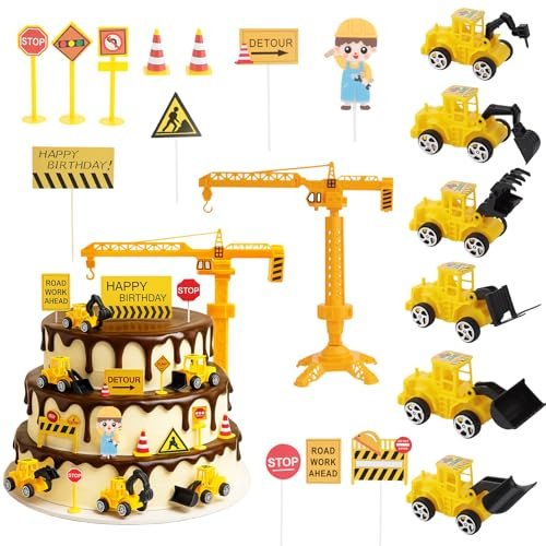 19pcs Mini Digger Cake Decorations - Digger Birthday Decorations with Road Toy Sign, Construction Cake Decoration, Tractor Cake Topper, Kids Party Toys, Diggers Construction Vehicles Party Decoration