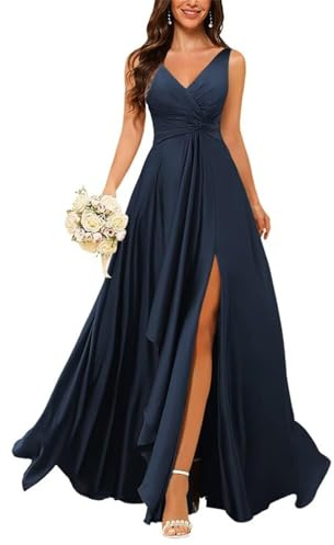 HPPEE Robe de demoiselle d'honneur en satin avec fente froncée sans manches et col en V pour femme, bleu marine, 34