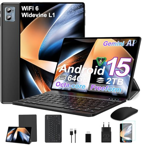 SUAAT 2026 Tablet Android 15 Octa Core con 64GB RAOM +2TB TF Tablet 10 Pulgadas|5G + 2.4G WiFi | FHD | GMS | Bluetooth 5.0 | 8MP + 5MP | Tipo C, Tablet táctil con funda, teclado y ratón, color negro