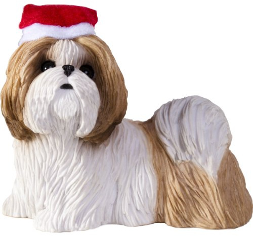 Sandikast guld och vit shih tzu med jultomtehatt julprydnad
