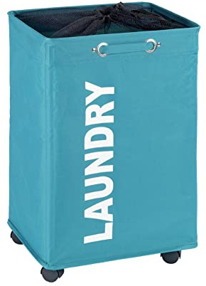 WENKO Wäschesammler Quadro Petrol, Stabiler Wäschekorb, Wäschetonne mit Rollen, Wäschetruhe mit Griff, 100% Polyester, Fassungsvermögen 79 L, 140 x 60 x 33 cm