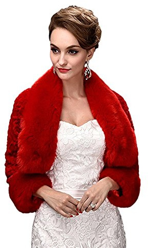 Ommda Femme Boléro Mariée Veste Manches Longues Fausse Fourrure Veste Mariage Hiver, rouge, XS-XL