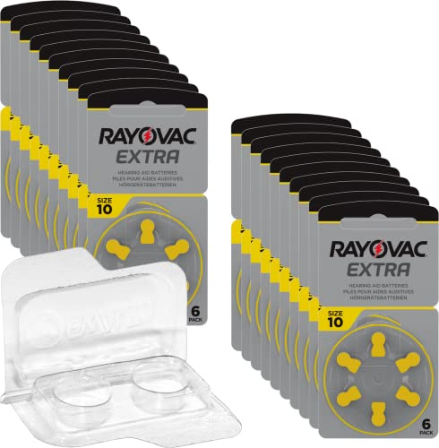 120x Rayovac Extra Advanced p10 Hörgerätebatterien 20x6er Blister PR70 Gelb 24610 + Aufbewahrungsbox für 2 Hörgerätebatterien (10, 13, 312, 675), Batteriebox für 2 Knopfzellen bis 12 mm x 6 mm (Ø x H)