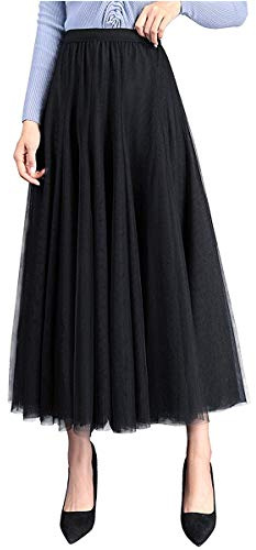 Geagodelia Tüllrock Damen Elegant Weiche Lange Sommerrock Maxirock Vintage Tütü Tüll Rock One Size 36/38/40 F-46925 (Schwarz)