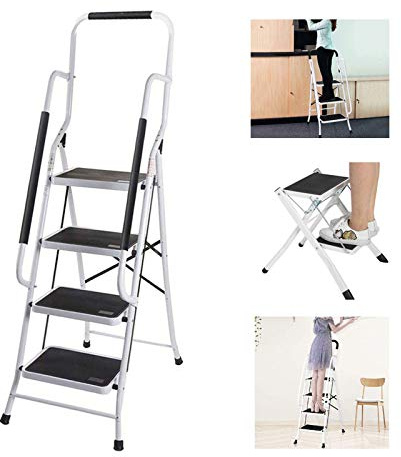 Huini Tritthocker 4 Stufen Trittleiter mit Handlauf Stahl Klapptritt Haushaltstritt Stehleiter Klappbar Stehleiter bis 150 kg für Zuhause/Küche/Büro