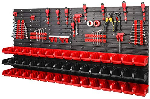 PAFEN Lagersystem Wandregal - 1544 x 780 mm – 48 Schwarz und Rot Stapelboxen mit Wandplatten + Rot Werkzeughalter – Werkstattwand Set XXL 84 Elemente