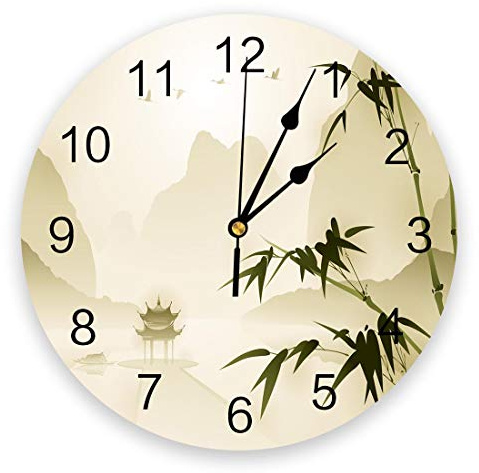 ELD Dia 30cm Art Bamboo Branch Pavilion Printed Wall Clock Modern Silent Clock Living Room Home Decor Wall Hanging Watch Timepiece Children's Day Gift Friends Gifts Wall Art