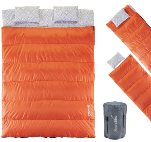 Skandika Doppelschlafsack Iceland Double | Schlafsack 2 Personen 3 Jahreszeiten, mit/ohne Flanell, Baumwolle, Kissen, 220 x 150 cm, als Einzelschlafsack nutzbar | Deckenschlafsack Familienschlafsack