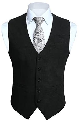 HISDERN Black Waistcoat Men Formal Solid Color Waistcoats Classic Casual Business Wedding Party Cotton Suit Vest With Pockets XS