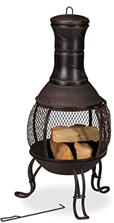Relaxdays Poêle de terrasse, Acier, Fonte, HxD : 88 x 36 cm, avec Grille Pare-étincelles, Four aztèque, Rouge/Bronze