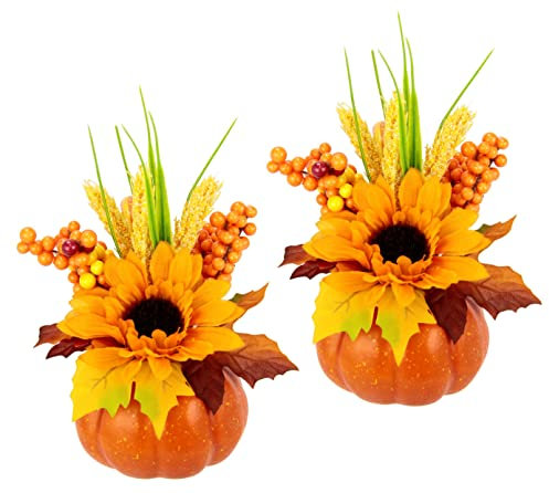 Arrangement mit künstlicher Sonnenblume Beeren Kürbis Kunstblume Kunstpflanze Deko Herbstdeko Herbstblumen Seidenblumen Gesteck Tischdeko Halloween dekorierter Kürbis Sommergesteck Blumen Mittelstück