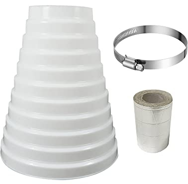 Oneyijun 100mm-200mm Diámetro Blanco ABS Plástico Redondo Conducto Tubo Reductor Conductos Multi Anillo Extractor Ventilador Ventilación Manguera Conector con abrazadera de acero inoxidable y cinta