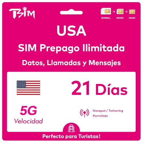 Carte SIM USA 21 Jours. Réseau T-Mobile avec données illimitées à Haute Vitesse en 5G/4G/LTE | Appels et SMS locaux illimités aux USA (Hawaï Inclus). Carte SIM 5G !