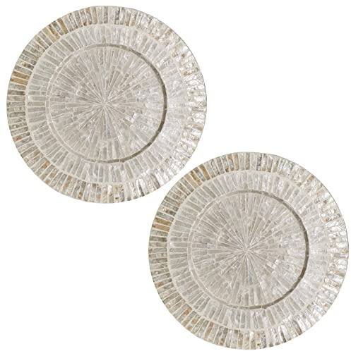 i-lan 13Inch 2 Pack Mother Of Pearl Decorative Plates for Display, Sea Shell Inlay Wood Charger Plates for Dining, Party, Modern and Rustic Decoration Placemats for Dinner Plates,Champagne Gold
