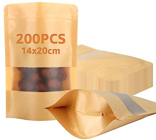 200PCS Kraft Paper Bags with Window, 14x20x4CM Standing Brown Paper Bags, Resealable Stand up Pouch, Waterproof Zipper Seal Bag Suitable for Dried Fruit, Tea Seeds, Nut, Coffee Bean