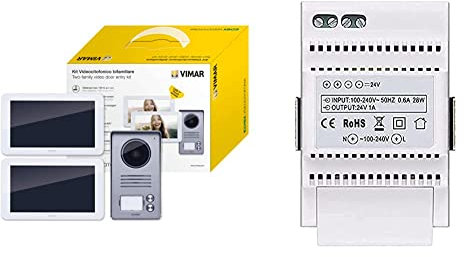 Vimar K40936 Kit di ingresso video bifamiliare con: videocitofoni LCD a mani libere da 7 pollici & 40103 Alimentatore per Videocitofono con Uscita 24 V, Alimentazione 100-240 V~ 50/60 Hz