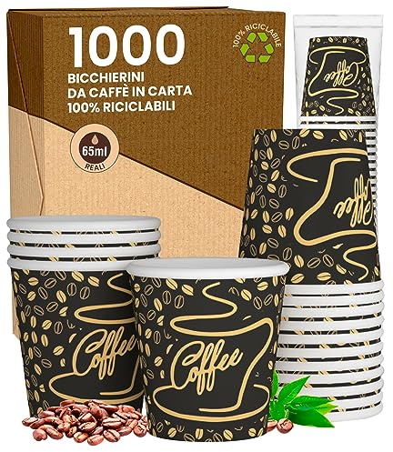 Eurocali 1000 Bicchierini in Carta per Caffè 65ml CoffeeGoldCUP Bicchieri Ecologici & Biodegradabili Monouso Piccoli Asporto Bevande Calde