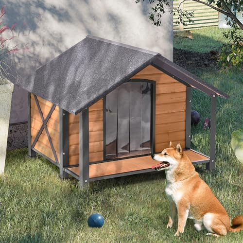 Suumerpety Outdoor Dog House,Weatherproof Wooden Dog Shelter for Medium to Large Sized Dogs,Iron Frame Indoor Outdoor Doghouse,Puppy Kennel,Pets Warm House in Winter with Large Porch
