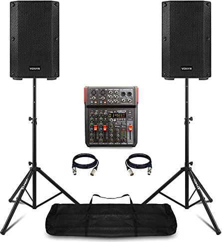 VONYX VSA08BT Active PA System for Singers - 500W Vocalist Sound System for Singing, Dual 8 Speakers, 6-Channel Mixer, Bluetooth, DSP Effects, USB Interface, Stands & Cables