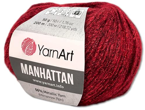 Frida's Wollhaus YarnArt 50 g Manhattan Metallic-Wolle Viskose-Garn Effektgarn 16 Farben (913 | Rot)