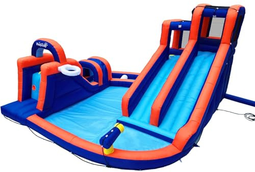 HapCap Aufblasbare Hüpfburg mit Wasserrutsche,Becken,Gebläse Kinder 3–8J | Aufblasbarer Wasserpark mit Hindernislauf, Tunnel, Kletterwände, Wasserpistole, Schwimmbecken, Maße 420x410x240cm