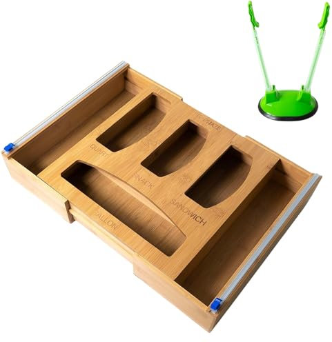 Forest & Twelfth Erweiterbarer Bambus-Küchenschubladenorganizer – Gallonen-, Viertel-, Snack-, Sandwich-Taschen, Plastikfolien-/Folienspender – mit Vorbereitungsbeutelhalter, KITCHEN-ORGAN-01