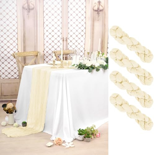 Pesonlook 4 Stück Käsetuch Tischläufer Beige Lang, 90 x 300 cm | 3 m lang, Rustikaler Gaze Stoff Boho halbtransparent Hochzeits Seihtuch Tischläufer für Hochzeit, Party, Brautparty，Bankett