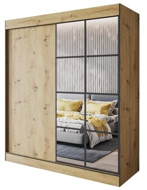 Easy4You S2 180 cm Artisan Schiebetüren Kleiderschrank 180x206x65 cm mit Spiegel - Schlafzimmermöbel, Aufbewahrung - Mehrzweckschrank