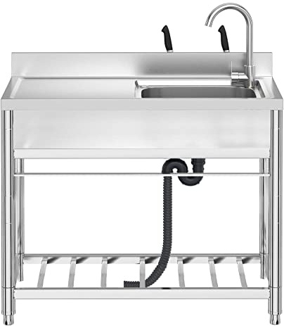Fregadero de cocina comercial de acero inoxidable, 1 compartimento independiente, estación de trabajo de lavado con grifo, escurridor, estantes de almacenamiento para garaje, restaurante, cocina,