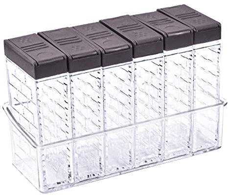 Granvoo Set di 6 pezzi Barattoli per Spezie in Plastica, Scatola di Condimento da Campeggio Trasparente, Contenitori Cucina per Sale Pepe Spezie con Vassoio