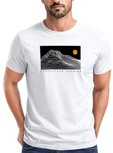 Neverless® Herren T-Shirt Frontprint Wandern Berge Grafik Schriftzug Outdoor Natur Fashion Streetstyle Printshirt Weiss XXL