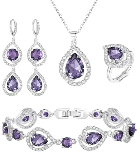EVER FAITH 4 Stück Schmuck Set für Damen Teardrop Cubic Zirkonia Anhänger Halskette Ohrringe Tennis Armband und Offene Ring Sets für Party Hochzeit Geburtstag/Valentinstag