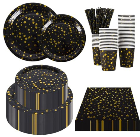 CEILIWEN Partyzubehör-Set für 50 Gäste, schwarz-goldene Sterne, Papiergeschirr, Einweg-Partygeschirr-Set mit 22,9 cm Teller, 17,8 cm Teller, Serviette, Tasse, Strohhalm, 250 Stück