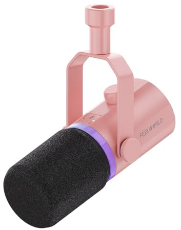 FEELWORLD PM1 XLR/USB Pink Dynamic Microphone for Recording Podcasts, PC Gaming Microphone with RGB Light, Mute Function, Headphone Jack, Pink USB Type-C Cable