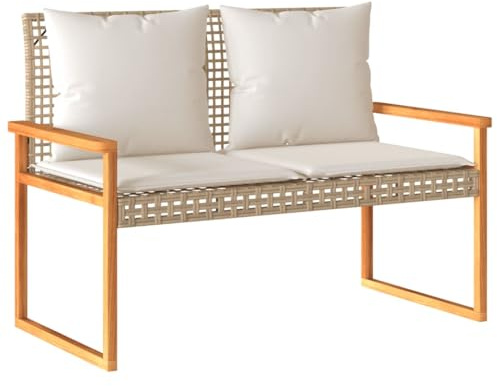vidaXL Banco de jardín con cojín Beige Mezcla ratán sintético Acacia, Banco de Exterior, Banco de Parque, sofá de Dos plazas de jardín