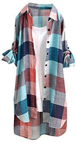 Karierte Bluse Damen Langarm| Lang Holzfällerhemd V Ausschnitt| Flanellhemd Damen Oversized Knopfleiste Longbluse Elegant Karohemd Langarmshirt Tank Top Shirt Dreiviertelarm Frauen