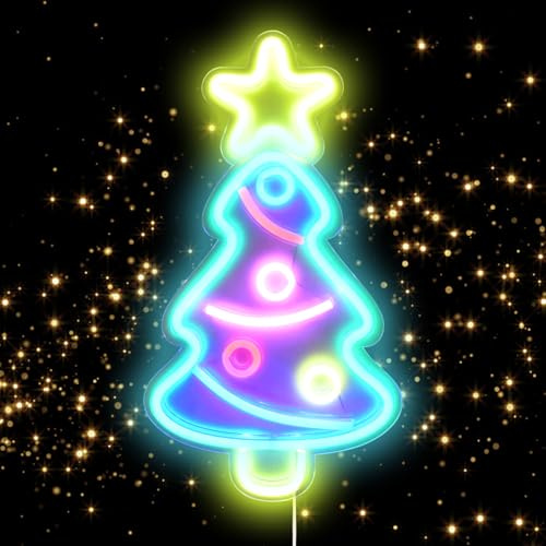 Jinlaili Neón Sign, 41cm Luz de neón del árbol de Navidad, Acrílico Neon Led, USB Luces neon decoracion, colgante de pared decoraciones de navidad, Letrero Neon para decoración navideña