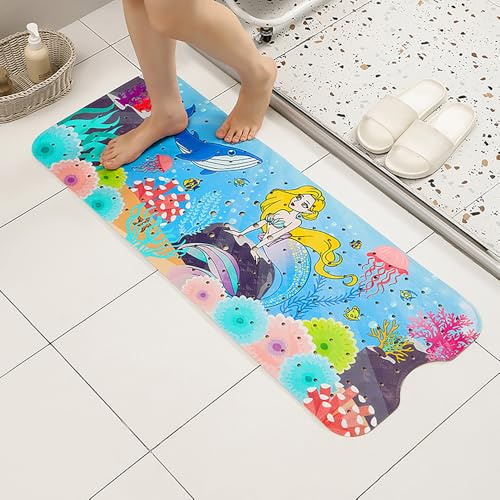 Bathsafe Non Slip Bath Mat for Kids Extra Long Cartoon Print Bathtub Mat Non Slip Anti Mould Bath Shower Mat with Drain Holes Suction Cups for Baby Safety Extra Large Bath Mat 100x40CM,Yellow Mermaid