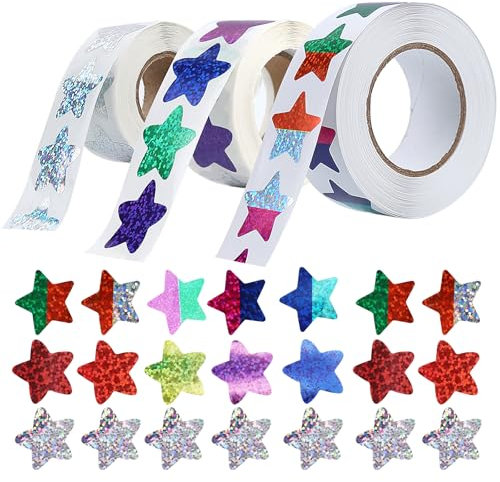 1500Pcs Tiny Holographic Star Stickers, 3 Rolls Self Adhesive Shiny Stickers, Sparkly Incentive Stickers, Bright School Stickers, Motivational Stickers, Reward Stickers for Children Students Teachers