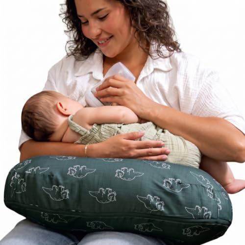Boppy Nursing Pillow - Firm, Ergonomic U-Shaped Bottle and Breastfeeding Pillow with High Lift for Comfort and Support, Spacious Surface - Forest Green Dinos