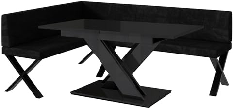 MEBLINI Eckbank für Esszimmer mit ausziehbarem Tisch - Küchenbank - Essecke - Sitzecke Küche - Peter - X-Beine 142x196x87cm Links - Graphit Samt/B Schwarz Hochgl.