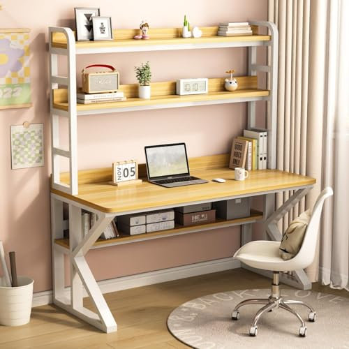 MESCXTY Massivholz Computertisch mit Ablageflächen und Bücherregal, Schreibtisch mit Metallrahmen,Arbeitstisch Gaming-Schreibtisch PC-Tisch Workstation für Heim und Büro(39, Brown & Black)