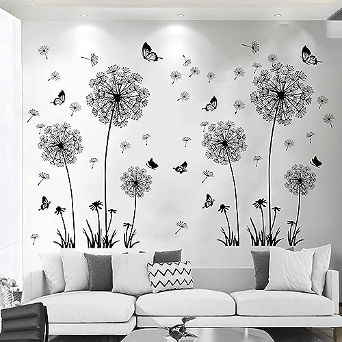 Arawat 2 Set Dandelion Wall Decals Living Room Wall Tattoo Flowers Wall Sticker Bedroom Wall Sticker Children's Room Window Tattoo to Stick Black Wall Decals Plants for Kitchen Bathroom
