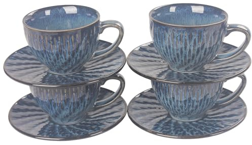 jinsongdafa Juego de tazas de café de 200 ml, taza de té de cerámica con platillo, 8 piezas, tazas apilables para latte, té caliente, capuchino, moca, cacao, lavavajillas, azul oscuro